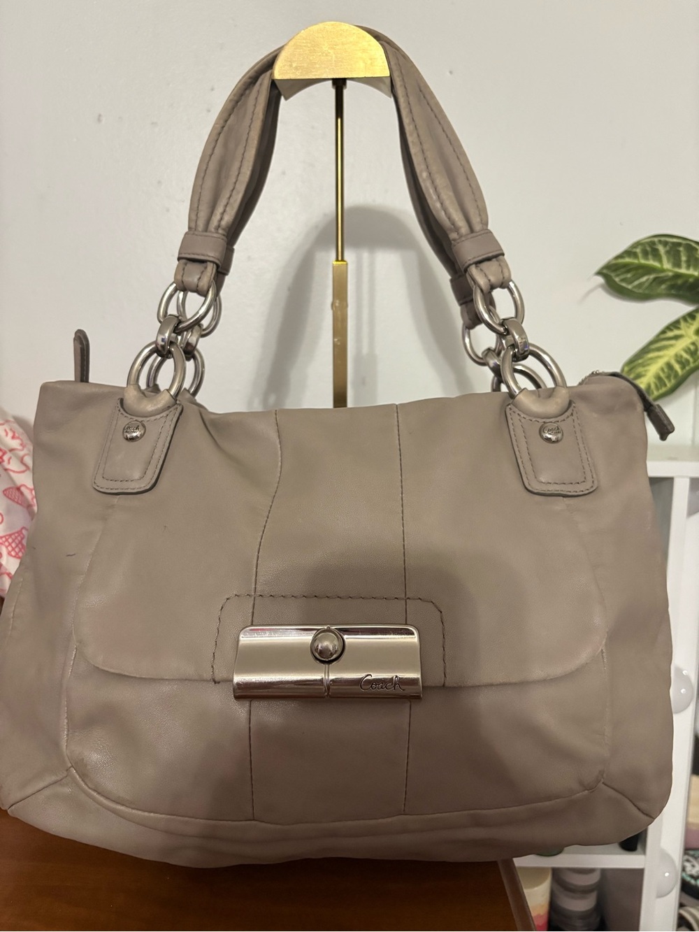 Coach Taupe Leather Shoulder Bag with Silver Hardware